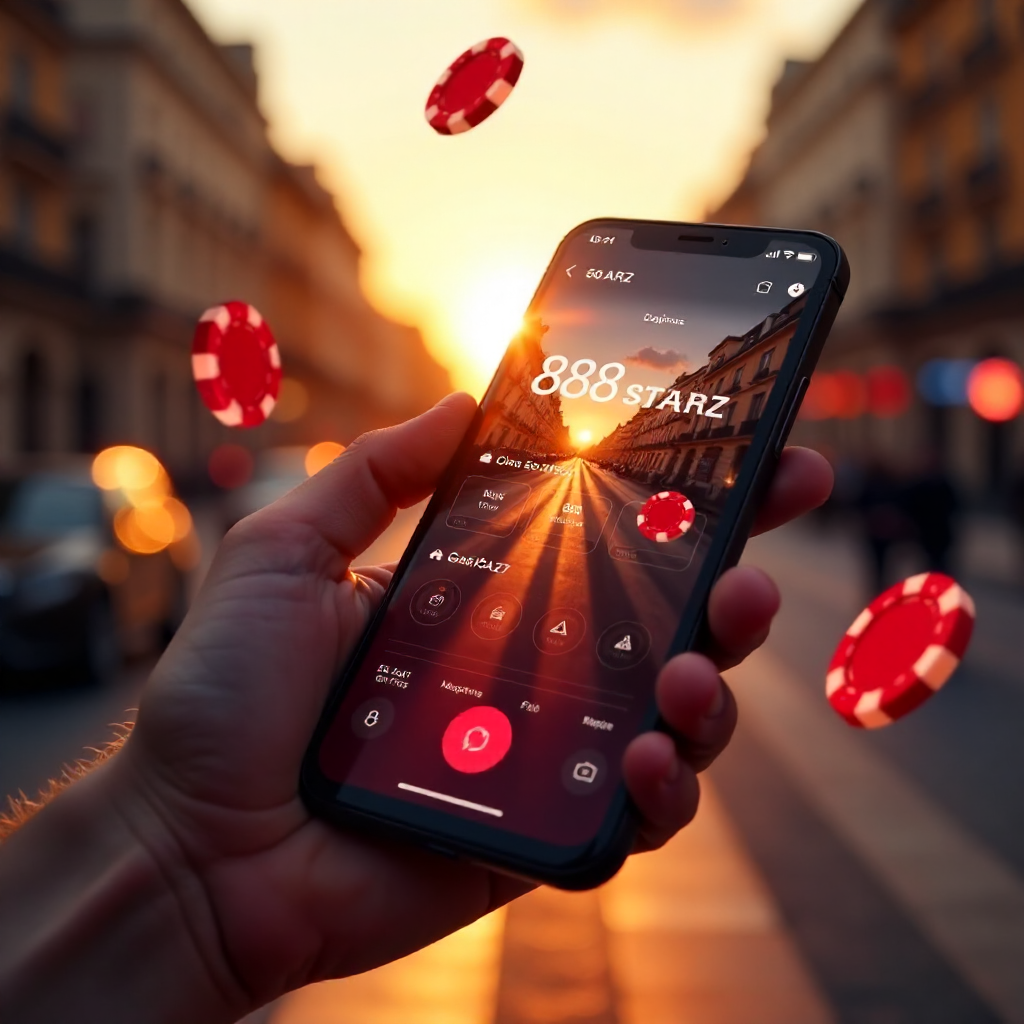 A premium smartphone in a hand with the 888starz app interface, background featuring a blurred Gran Vía in Madrid at sunset, 3D flying gold coins and red poker chips, brand colors red and black, hyper-realistic, 8k.
